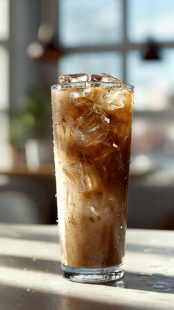 Iced coffee in a glass with ice cubes on the table.