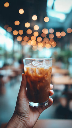 Hand holding iced coffee in coffee shop with bokeh backgroundの写真素材