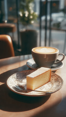 A slice of cheesecake and a cup of coffee in a cafeの写真素材