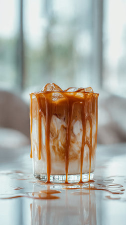 caramelized caramel sauce in a glass with ice cubes on the tableの写真素材