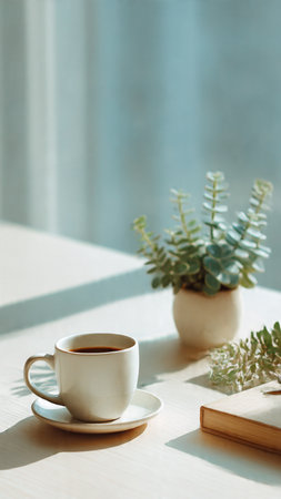 Coffee cup with book and eucalyptus plant on wooden tableの写真素材
