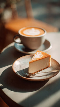 Cappuccino and cheesecake on a table in a cafeの写真素材