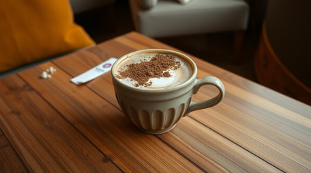 Coffee cup on wood table in coffee shop, stock photoの写真素材