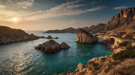 Panoramic view of beautiful seascape at sunset. Composition of nature.の写真素材