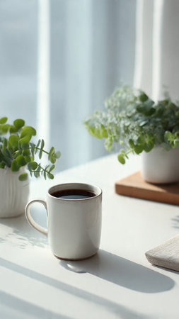 Cup of coffee on windowsill with green plant in vaseの写真素材