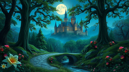 Fantasy landscape with castle in the forest at night. 3d renderingの写真素材