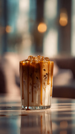 Iced coffee in a glass on the table. Selective focus.の写真素材
