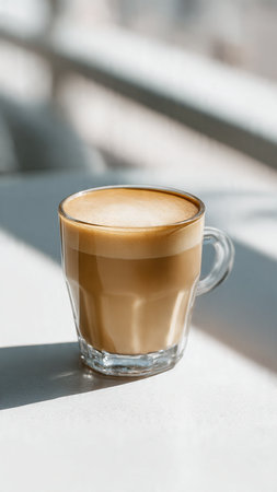 coffee latte in a glass on a white table in sunlightの写真素材