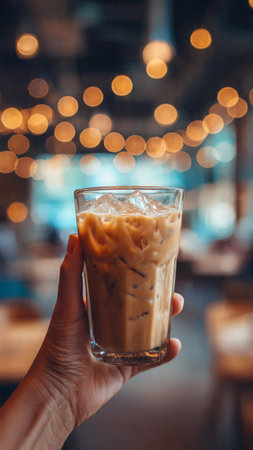 Iced coffee in a glass on the background of the bokehの写真素材