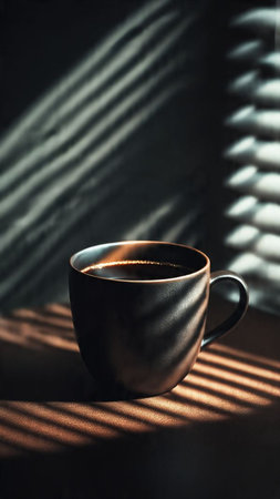 Cup of coffee on the table with window blinds and sunlightの写真素材