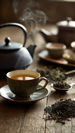 tea cup and teapot on old wooden table, stock photoの写真素材