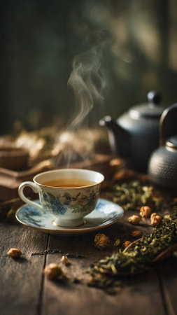 Tea cup and teapot on a wooden table, selective focusの写真素材