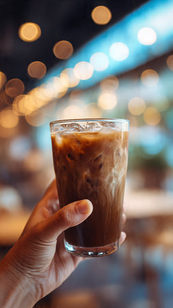 Iced coffee in hand on bokeh background, stock photoの写真素材