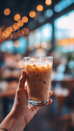 Iced coffee in a glass on the background of a cafe.の写真素材
