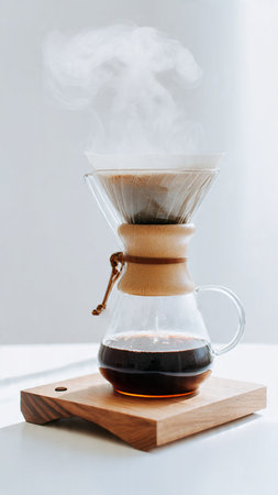 Coffee brewing in a geyser coffee maker on a white backgroundの写真素材