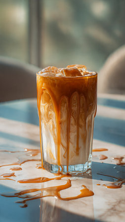 Iced coffee with caramel on table in coffee shop, stock photo