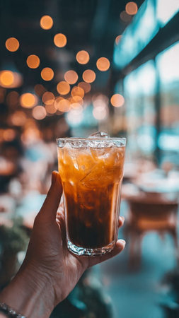Woman hand holding iced americano coffee in coffee shop, stock photoの写真素材