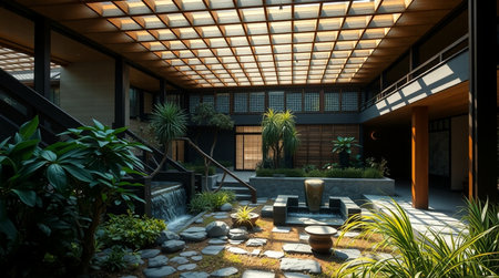 Luxury villa interior design with garden and terrace.の写真素材