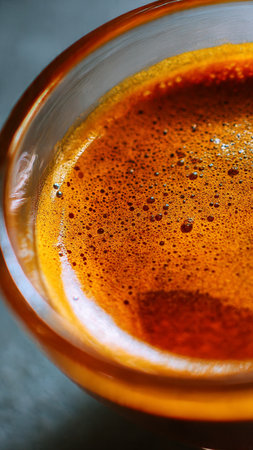 Coffee in a glass on a dark background, top viewの写真素材