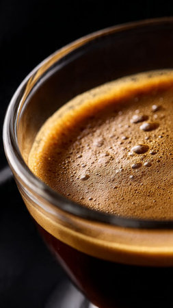 Coffee in a glass cup on a dark background close upの写真素材