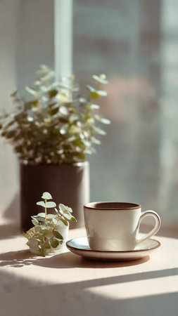 Cup of coffee with eucalyptus branch on the windowsillの写真素材