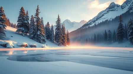 Beautiful winter landscape with frozen lake and snow-capped mountainsの写真素材
