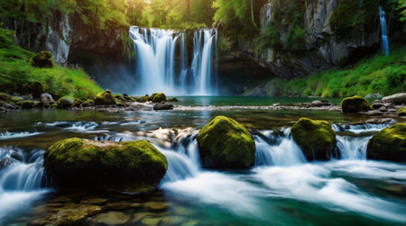Beautiful waterfall in the forest. Soft focus. Long exposure.の写真素材