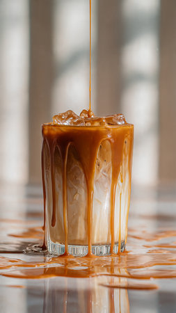 Iced coffee with caramel in a glass on a white background.の写真素材