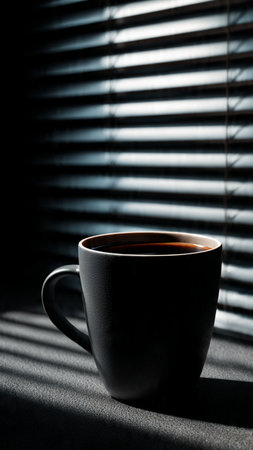 Cup of coffee on a dark background with window blinds.