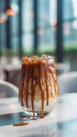 Iced caramel coffee with whipped cream in glass - Vintage Light Filterの写真素材