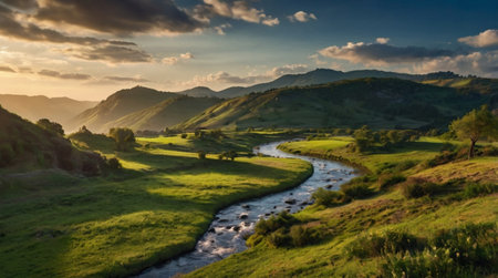 Panoramic view of a mountain river in the Carpathian mountainsの写真素材