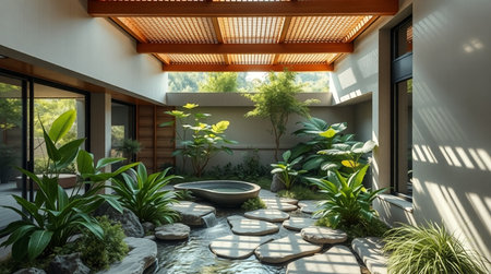 Interior of modern villa, terrace in the garden.の写真素材