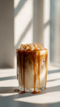 Iced coffee with caramel in glass on window sill, stock photoの写真素材