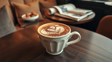 Coffee cup on wooden table in coffee shop, stock photoの写真素材