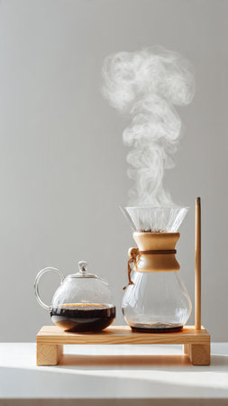 coffee maker and cup on wooden stand on grey background with smoke
