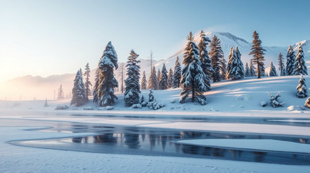 Fantastic winter landscape with snow covered fir trees and lake at sunsetの写真素材