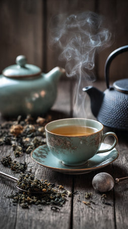 Cup of green tea and teapot on old wooden tableの写真素材