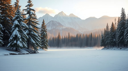 Beautiful winter landscape with frozen lake and snow-covered fir trees.の写真素材