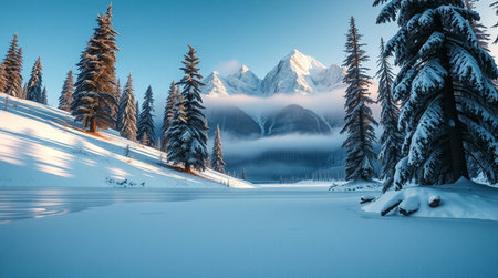 Wonderful winter landscape with snow-covered mountain lake in the mountainsの写真素材