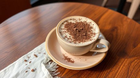 Cappuccino with cocoa powder on wooden table, stock photoの写真素材