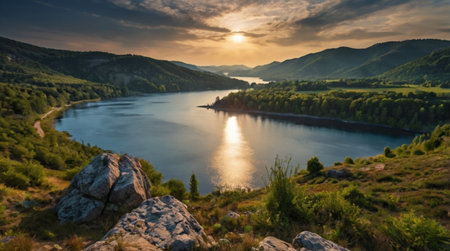 Beautiful summer landscape with lake and mountains at sunset. Ukraine, Europe.の写真素材