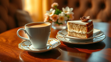 Cup of coffee and cake on table in cafe, closeupの写真素材