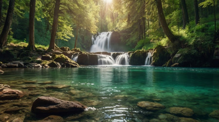 Beautiful waterfall in green forest, long exposure. Summer landscape.の写真素材