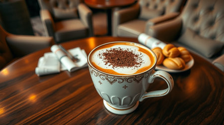 Cup of cappuccino with latte art on wooden tableの写真素材