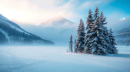 Foggy winter landscape with fir trees and snow covered mountains.の写真素材