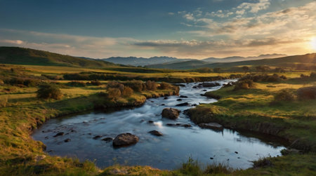 Panoramic view of the river in the steppe at sunsetの写真素材