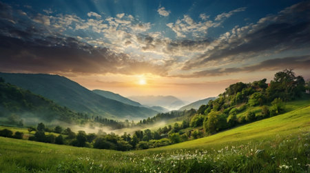 Sunrise in the mountains. Beautiful summer landscape. Panorama.の写真素材