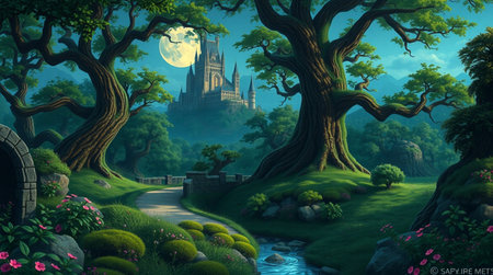 Fantasy landscape with castle in the forest. 3D illustration.の写真素材