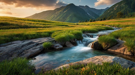 Beautiful mountain river at sunset in the mountains, Kyrgyzstanの写真素材