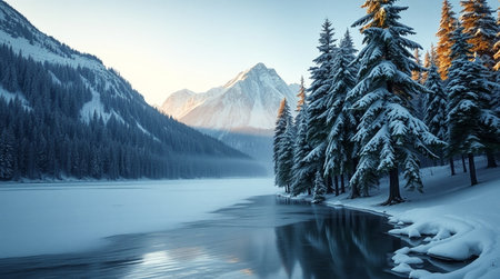 Beautiful winter landscape with lake and snow covered fir trees in mountainsの写真素材